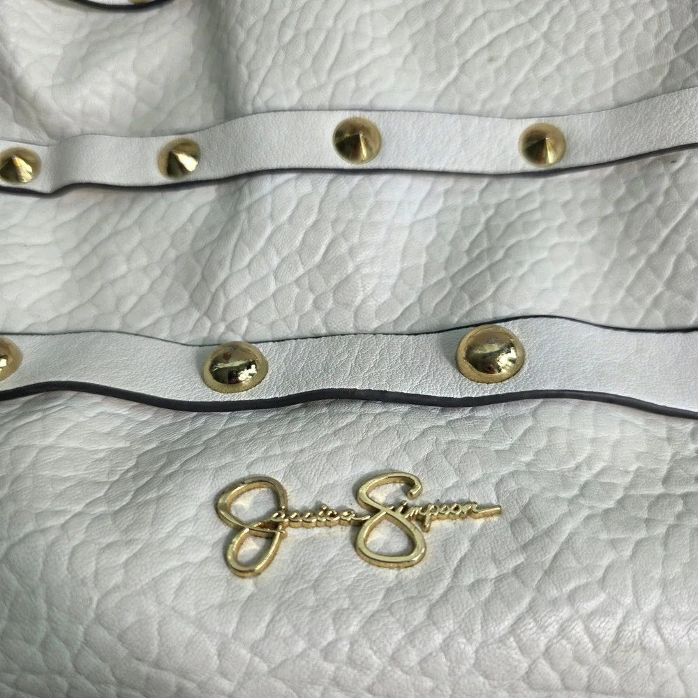 Jessica Simpson Hobo Bag White Gold Studded Faux Leather Shoulder Y2k Summer‎